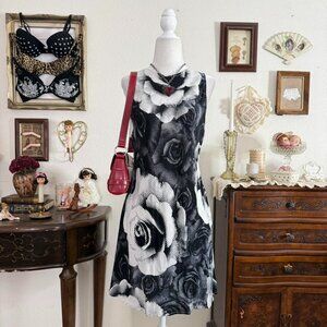insane 90's mod black and white digital rose print dress